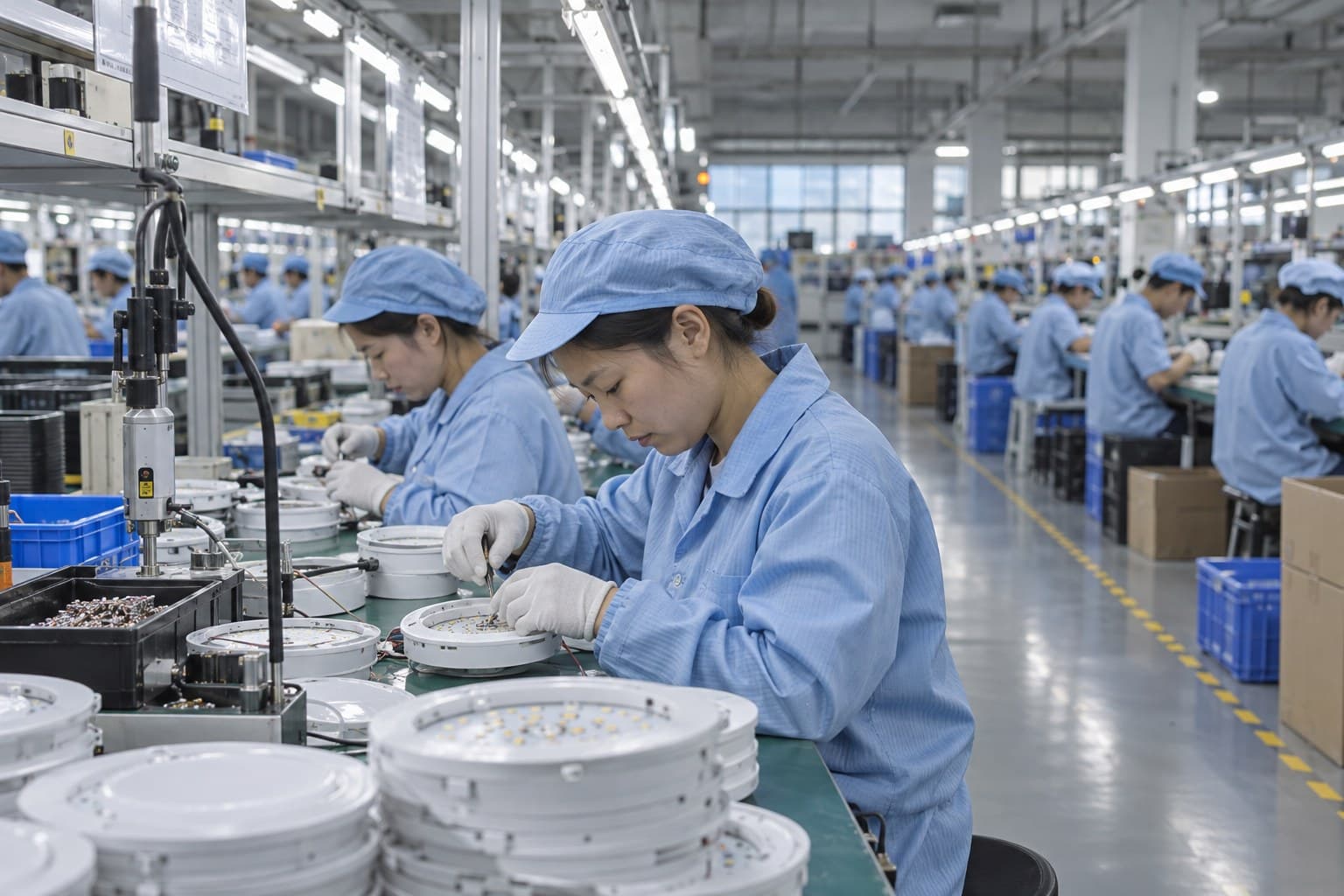 LED 灯具生产线上工人正在装配