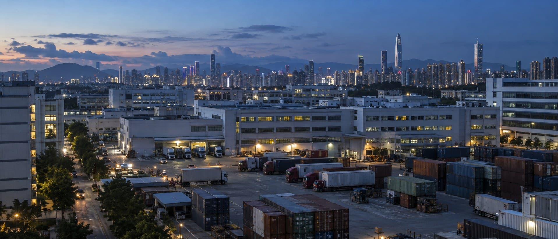 黄昏时分的深圳工业园区与城市天际线